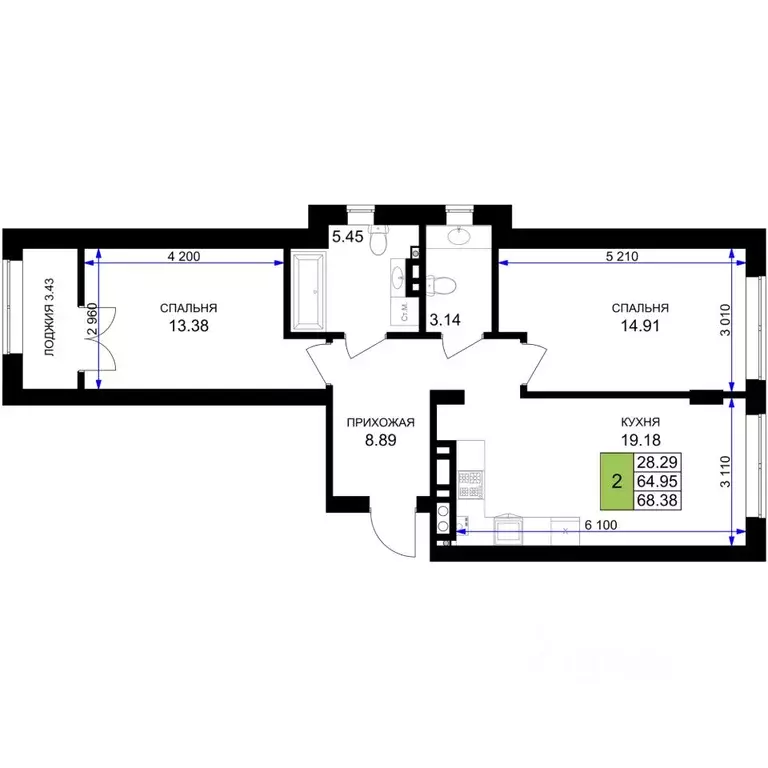 2-к кв. Калининградская область, Гурьевск Включи жилой комплекс (68.38 ... - Фото 1