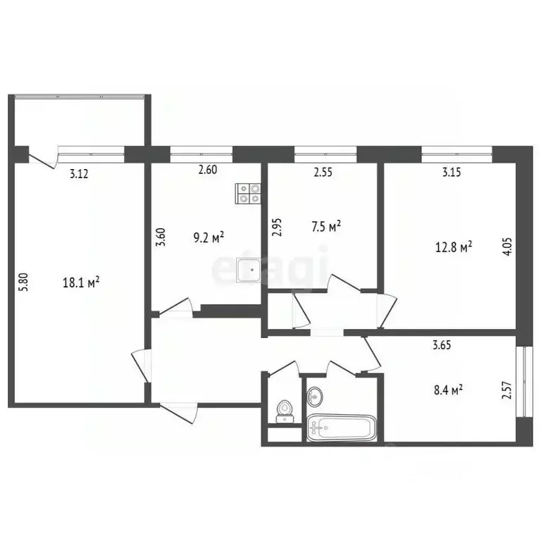 4-к кв. Белгородская область, Белгород ул. Щорса, 36 (67.1 м) - Фото 2