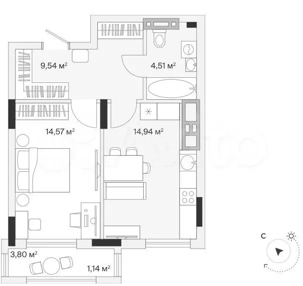 1-к. квартира, 45,4 м, 1/7 эт. - Фото 1