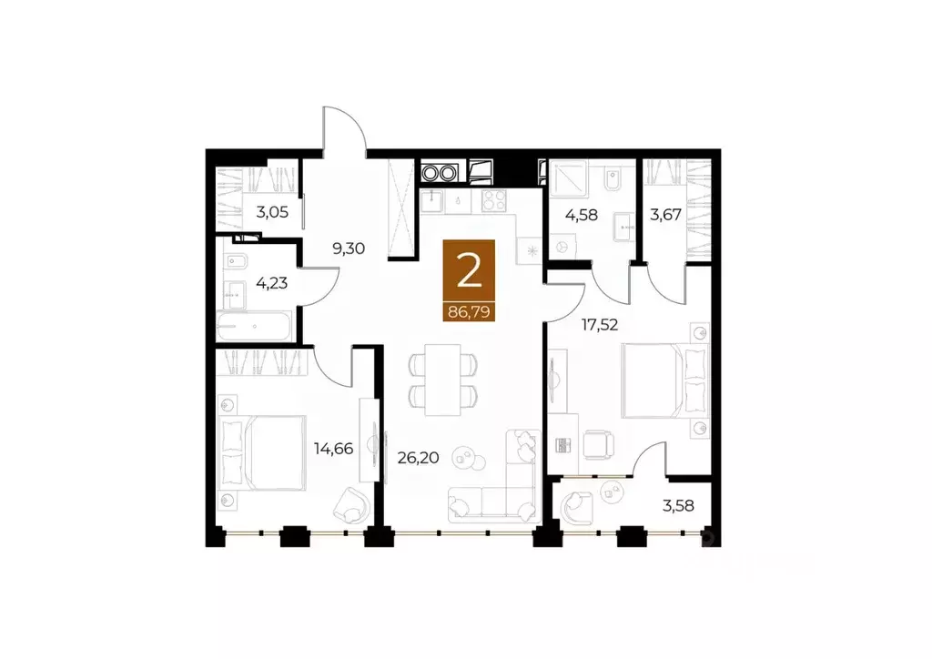 2-к кв. Рязанская область, Рязань Медный жилой комплекс (86.79 м) - Фото 1