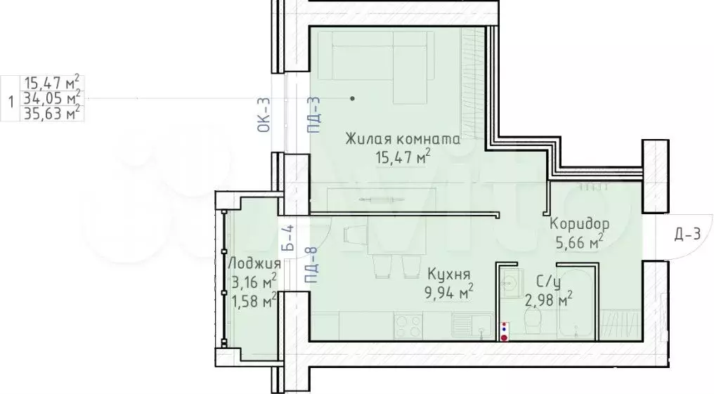 1-к. квартира, 35,6 м, 1/10 эт. - Фото 0