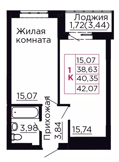 1-к квартира, 40.35 м - Фото 0