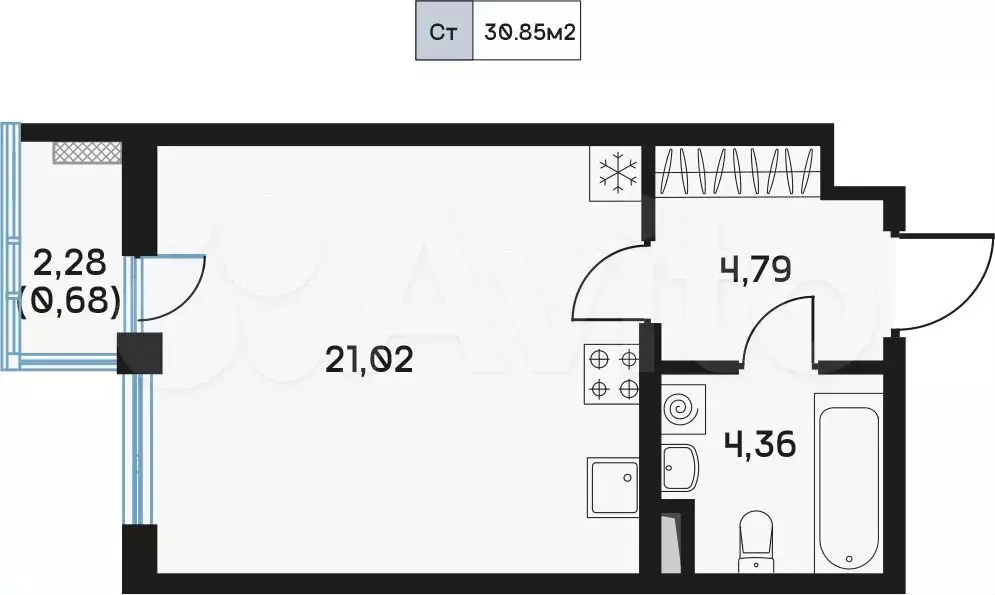 Квартира-студия, 30,9м, 6/9эт. - Фото 0