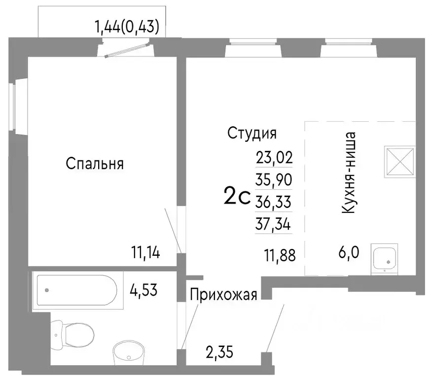 2-к кв. Челябинская область, Челябинск Нефтебазовая ул., 1к2 (36.33 м) - Фото 0