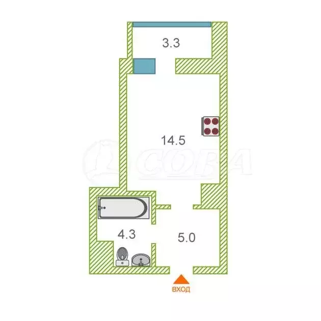 Квартира-студия: Тюмень, Интернациональная улица, 197Г (27 м) - Фото 1