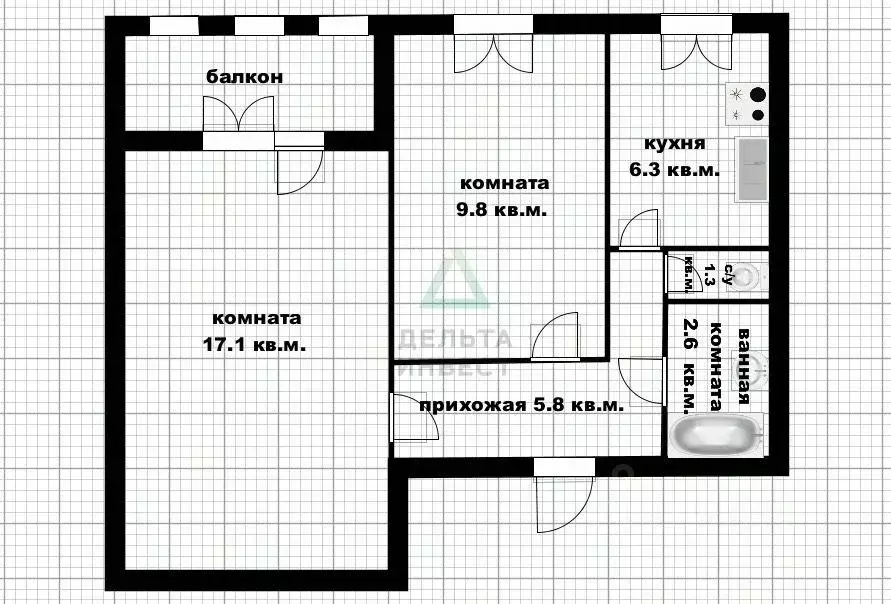 2-к кв. Башкортостан, Уфа ул. Уфимское Шоссе, 37/1 (42.9 м) - Фото 1