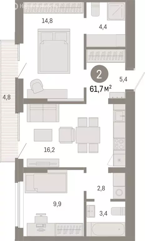 2-комнатная квартира: Омск, Кировский округ (61.73 м) - Фото 0