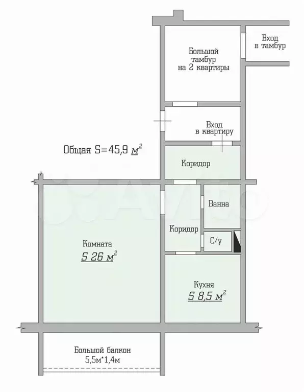 1-к. квартира, 45,9 м, 8/10 эт. - Фото 0