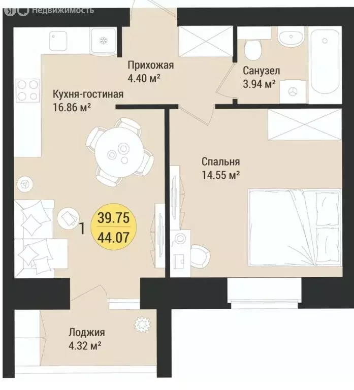 1-комнатная квартира: село Семёновка, Молодёжная улица, 17 (44.07 м) - Фото 1