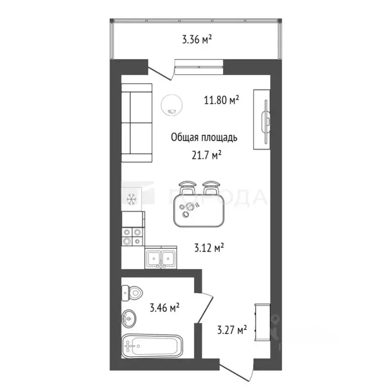 Студия Новосибирская область, Новосибирск ул. Державина, 50 (21.7 м) - Фото 2