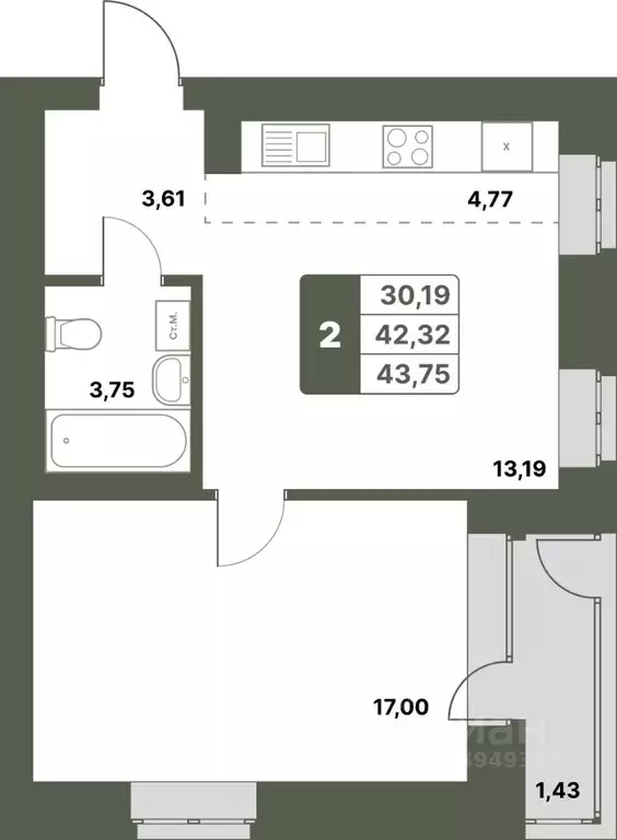 2-к кв. Башкортостан, Уфимский район, с. Миловка  (43.75 м) - Фото 1