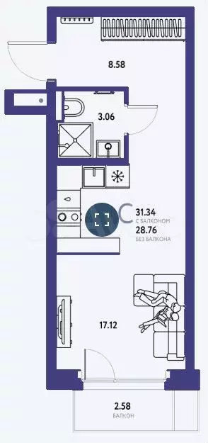 Квартира-студия, 31,3 м, 7/13 эт. - Фото 1