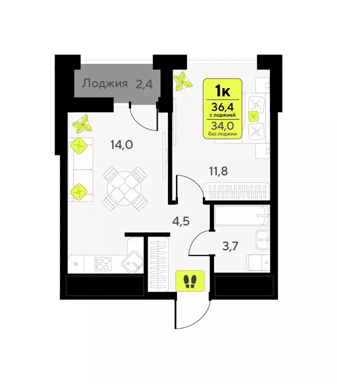 1-комнатная квартира: Тюмень, улица Андрея Приказнова, 1 (36.4 м) - Фото 1