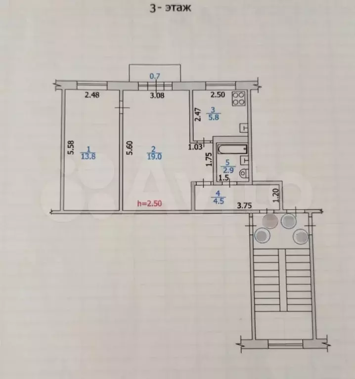 2-к. квартира, 46 м, 3/5 эт. - Фото 0