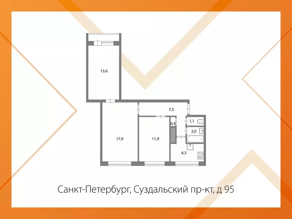 3-к кв. Санкт-Петербург Суздальский просп., 95 (60.7 м) - Фото 2