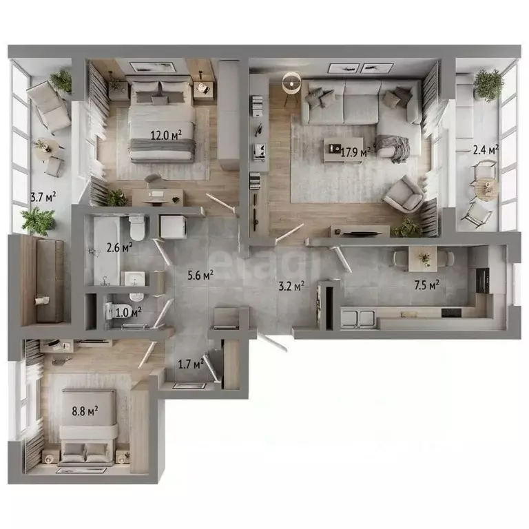 3-к кв. Севастополь просп. Октябрьской Революции, 56Б (60.7 м) - Фото 1
