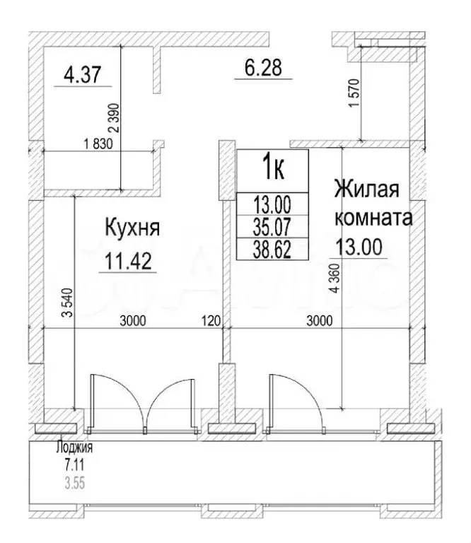 1-к. квартира, 38,6 м, 3/21 эт. - Фото 0