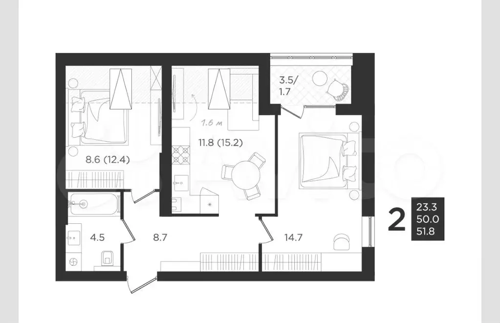 2-к. квартира, 50 м, 4/4 эт. - Фото 1