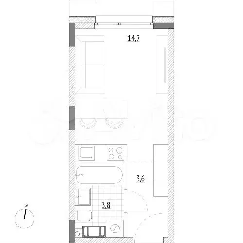 Апартаменты-студия, 22,1м, 4/7эт. - Фото 0