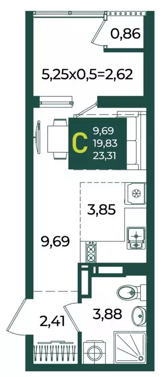 Студия Краснодарский край, Краснодар Образцово мкр,  (23.31 м) - Фото 1
