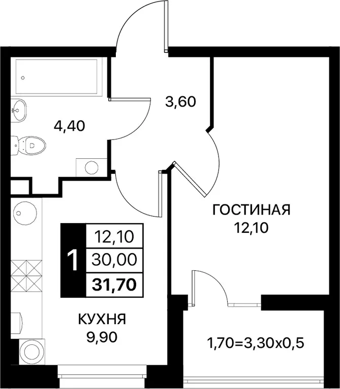 1-к квартира, 31.7 м - Фото 0