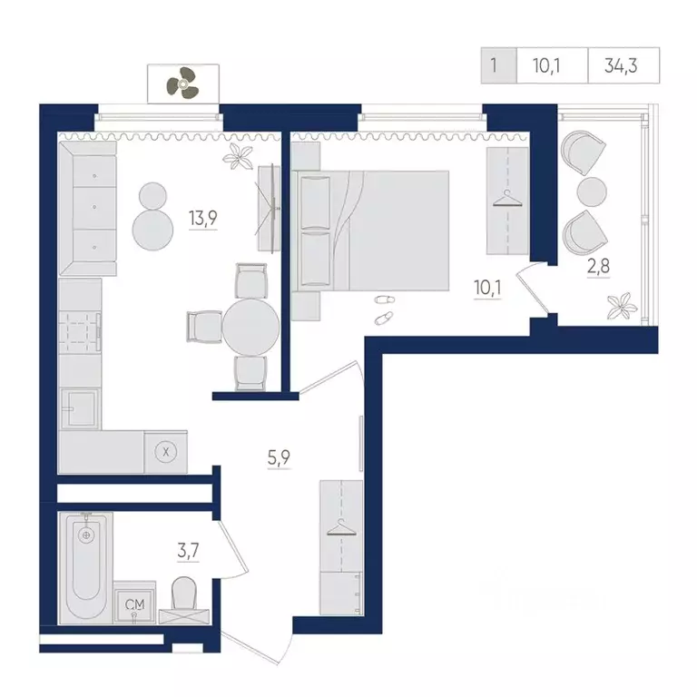 1-к кв. Башкортостан, Уфа ул. Евгения Столярова, 13 (34.3 м) - Фото 1