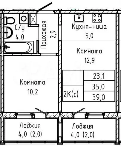 2-к. квартира, 39 м, 3/17 эт. - Фото 1