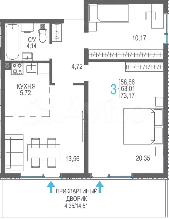 3-к. квартира, 63 м, 1/9 эт. - Фото 1