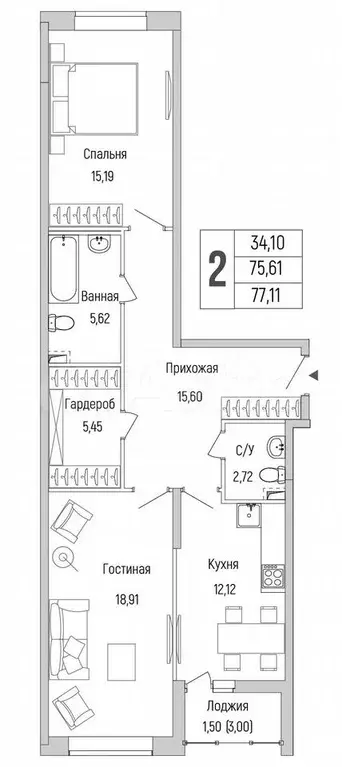 2-к. квартира, 77,1 м, 2/9 эт. - Фото 0