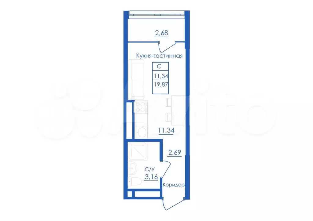 Квартира-студия, 19,9 м, 22/25 эт. - Фото 1