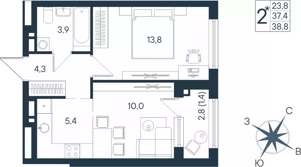 Студия Пермский край, Пермь ул. Космонавта Беляева, 17 (38.8 м) - Фото 1