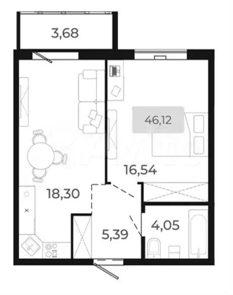 2-к. квартира, 46,1 м, 5/9 эт. - Фото 0