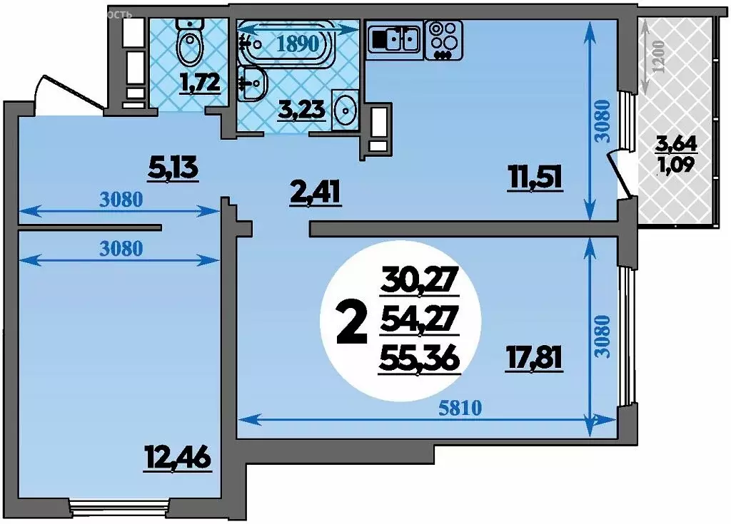 2-комнатная квартира: Кропоткин, жилой комплекс Романовский (55.36 м) - Фото 1