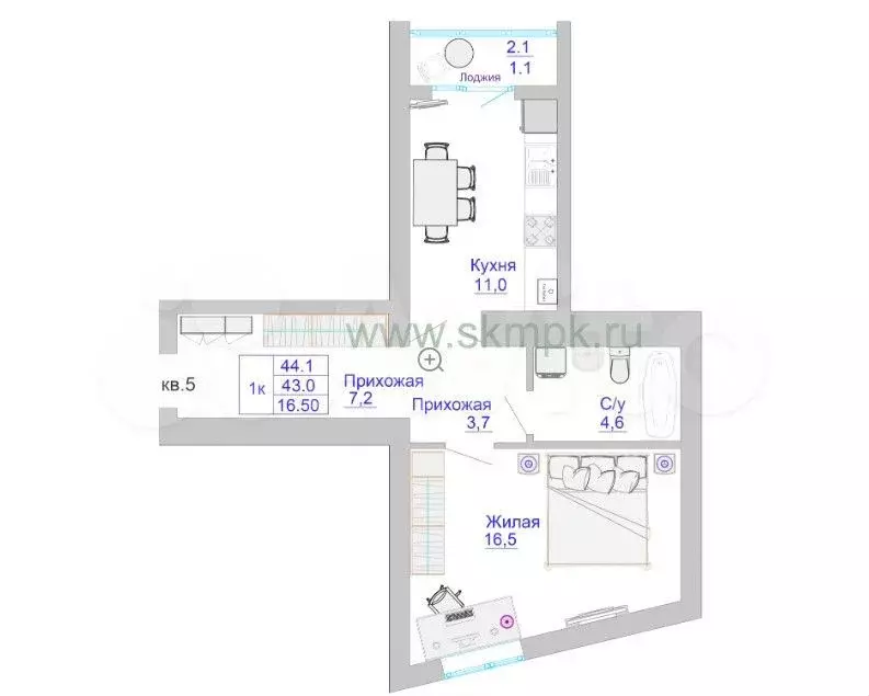 1-к. квартира, 43,7 м, 1/8 эт. - Фото 1