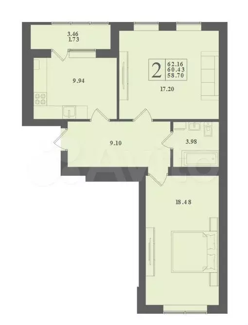 2-к. квартира, 62,2 м, 3/4 эт. - Фото 1