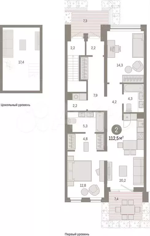 2-к. квартира, 112,5 м, 1/9 эт. - Фото 1
