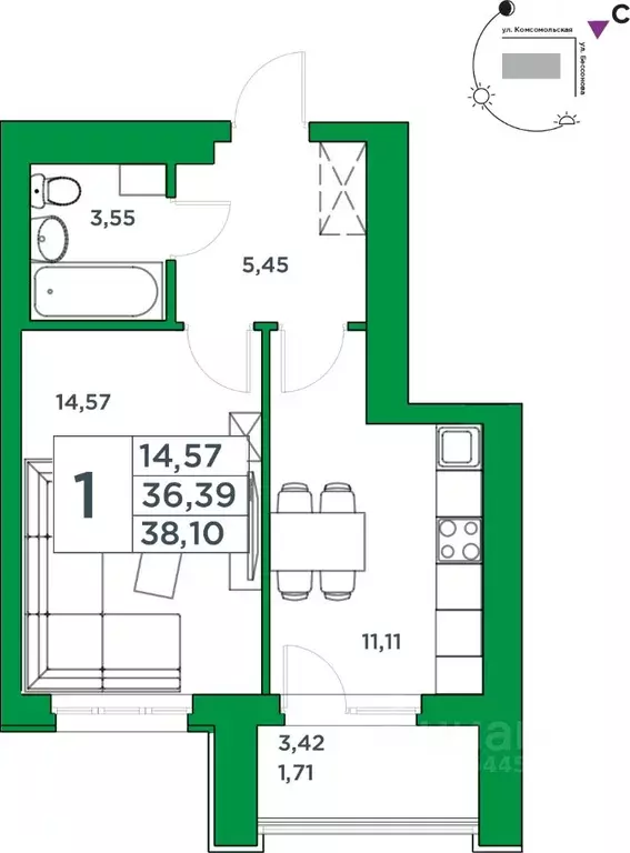 1-к кв. Башкортостан, Уфа Комсомольская ул., 8 (36.39 м) - Фото 1