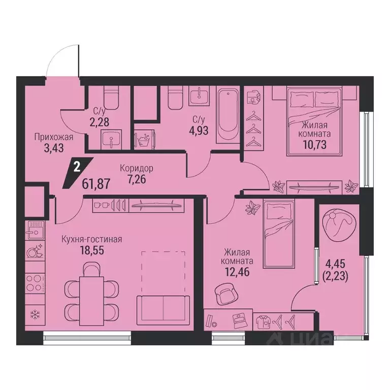 2-к кв. Свердловская область, Екатеринбург просп. Космонавтов, 100 ... - Фото 1