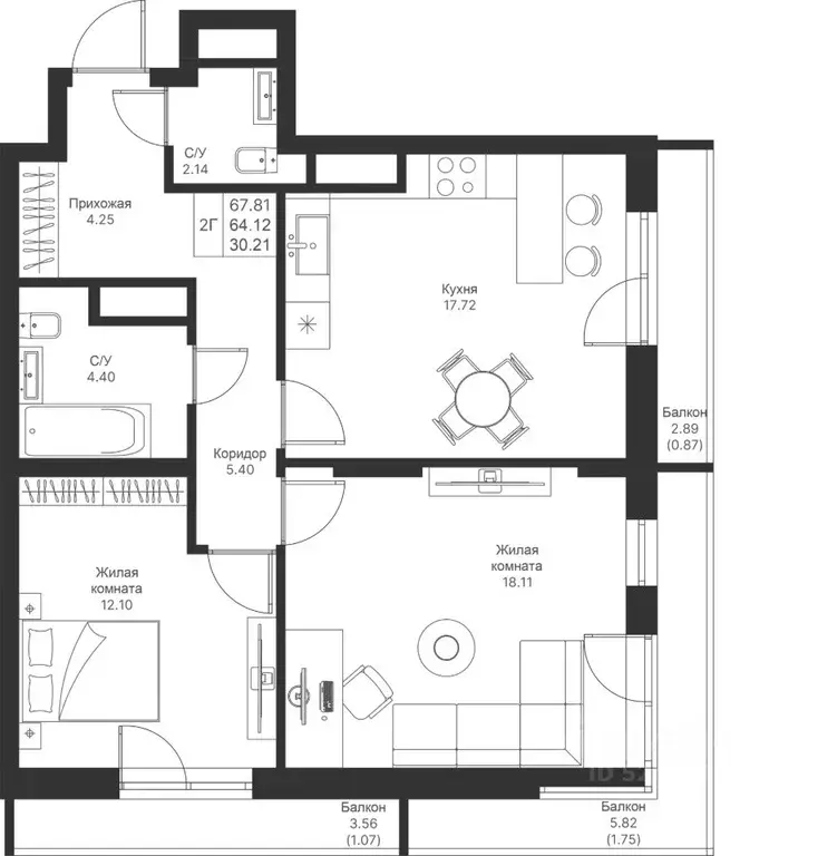 2-к кв. Татарстан, Казань Мой Ритм жилой комплекс (67.81 м) - Фото 1