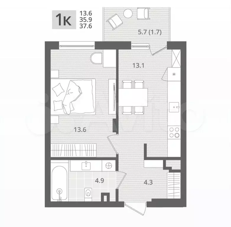 1-к. квартира, 37,6 м, 1/1 эт. - Фото 1