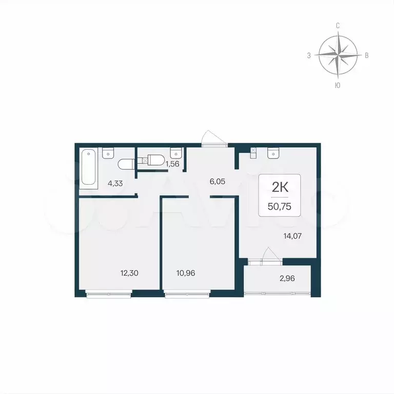 2-к. квартира, 50,8 м, 2/8 эт. - Фото 0
