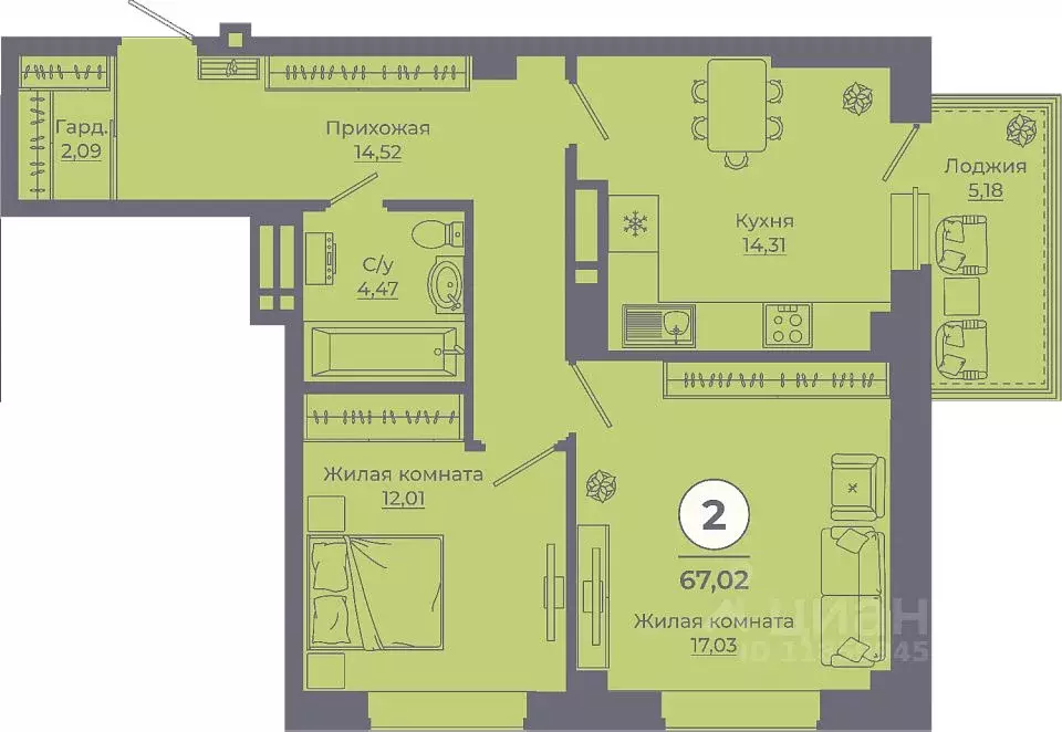 2-к кв. Ростовская область, Ростов-на-Дону ул. Еременко, 113 (67.03 м) - Фото 1