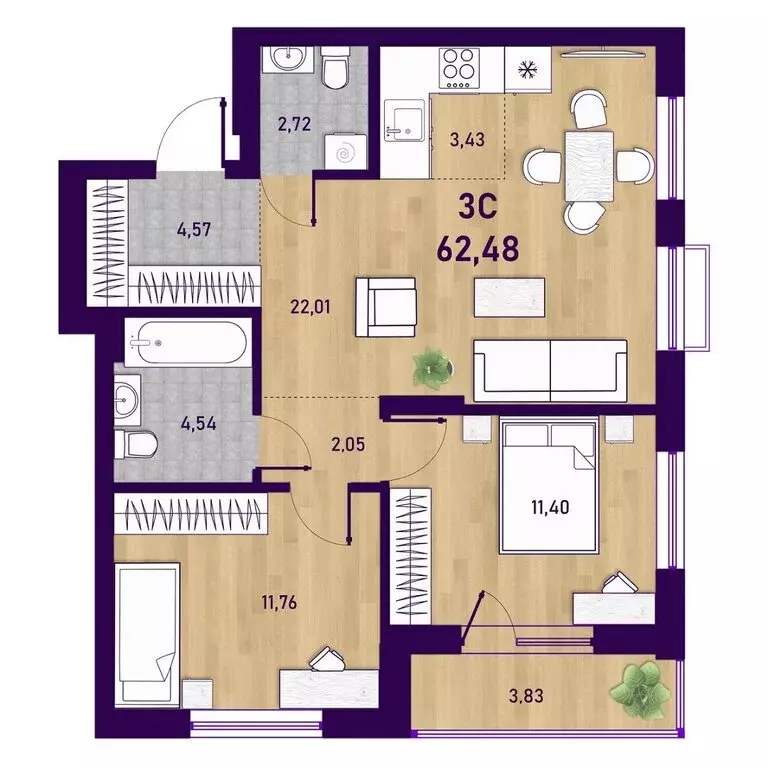 3-комнатная квартира: Новосибирск, Пермская улица, 12к2 (62.48 м) - Фото 0