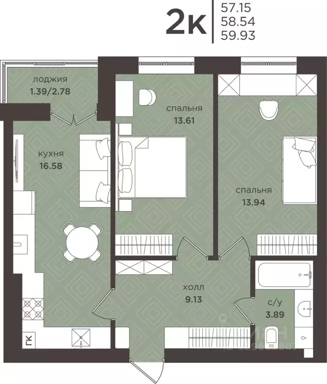 2-к кв. Калининградская область, Гурьевск  (58.54 м) - Фото 1