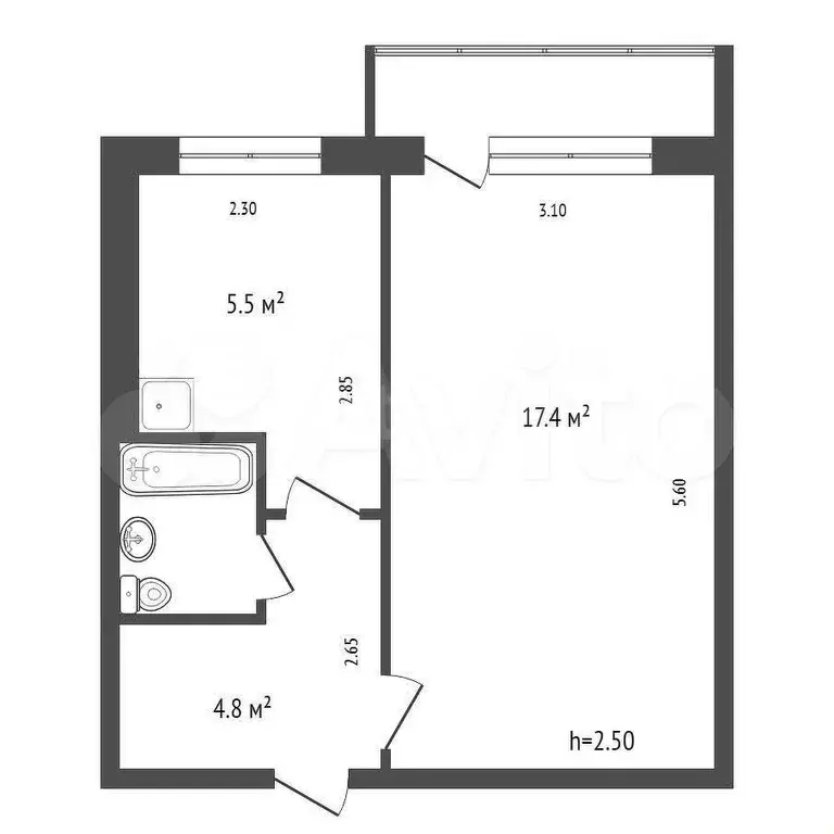 1-к. квартира, 31,4 м, 5/5 эт. - Фото 0