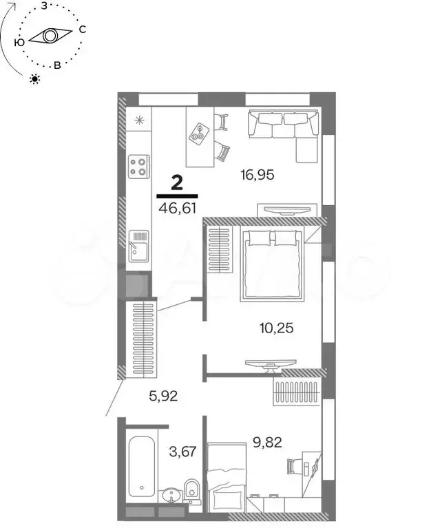 2-к. квартира, 46,6 м, 7/25 эт. - Фото 0