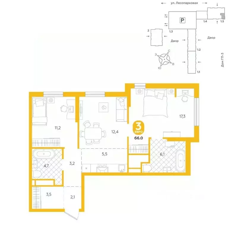 3-к кв. Тюменская область, Тюмень ул. Лесопарковая, 22 (66.0 м) - Фото 0