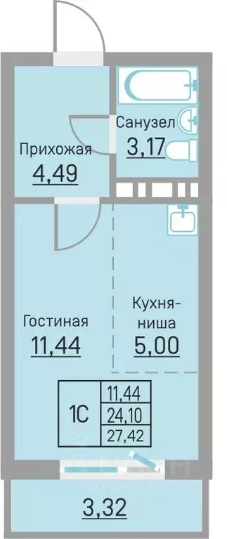 Студия Пермский край, д. Кондратово ул. Водопроводная, 6/4 (27.42 м) - Фото 1