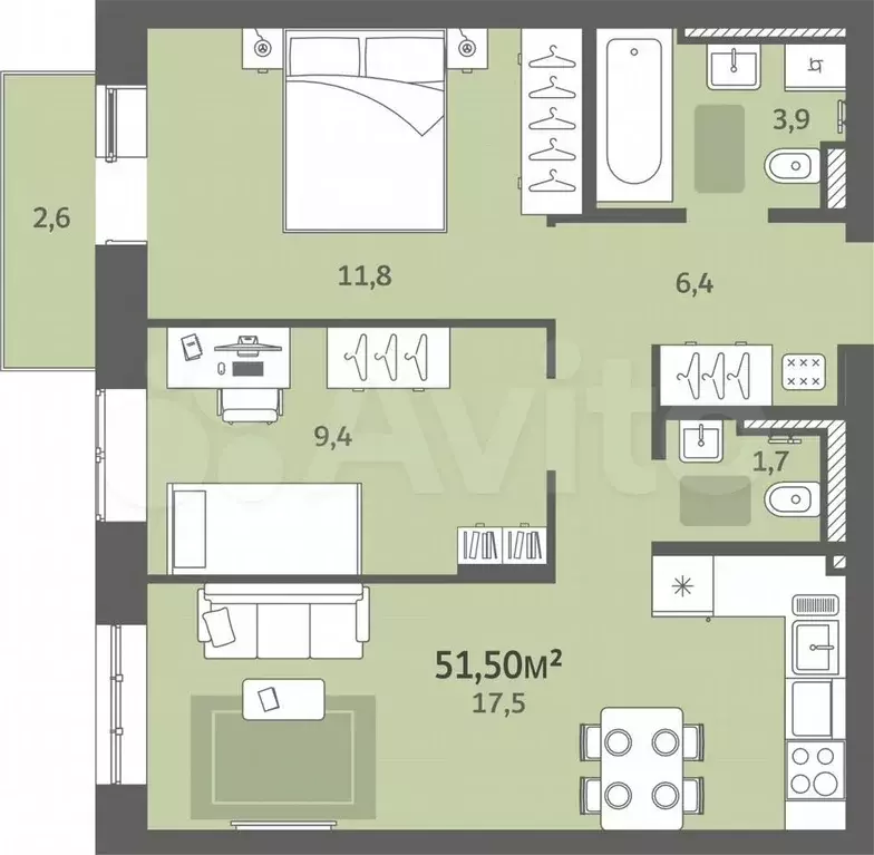 2-к. квартира, 51,5 м, 7/8 эт. - Фото 0