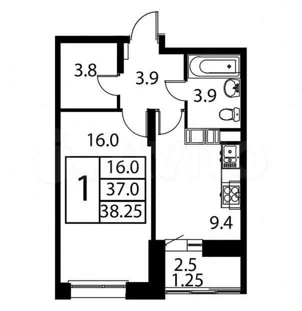 1-к. квартира, 38,3м, 10/12эт. - Фото 0